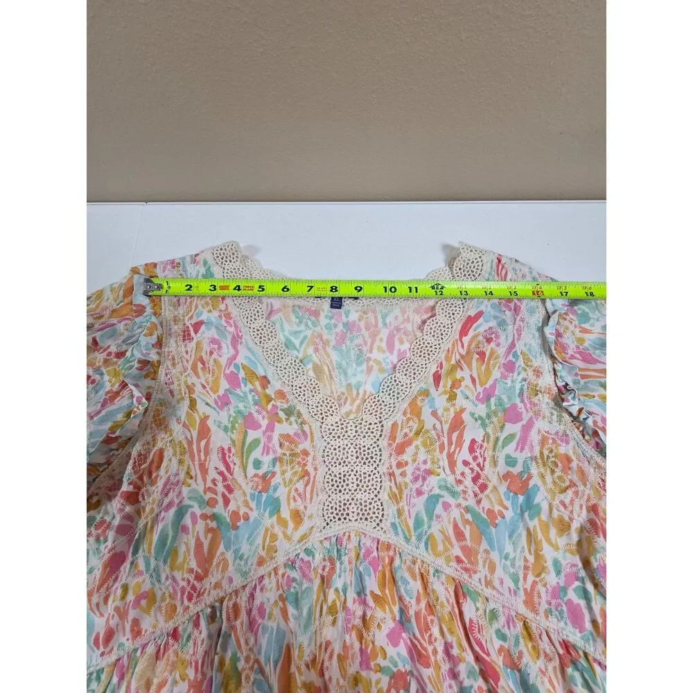 Democracy XL Boho Floral Embroidered Crochet Lace Peasant Blouse Cottagecore - Picture 5 of 8